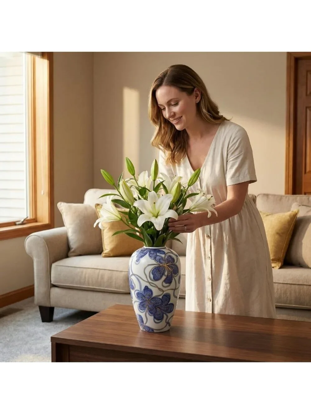 Hand-Painted Blue & White Ceramic Flower Vase with Gold Accents - 9